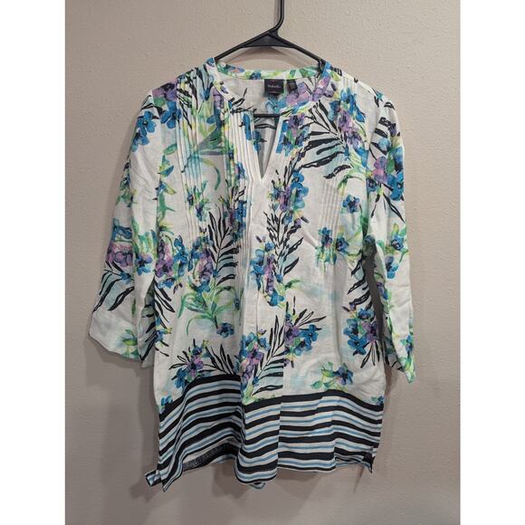 Pretty tropical motif printed long sleeve linen tunic top by Rafaellia size PM - Picture 1 of 9